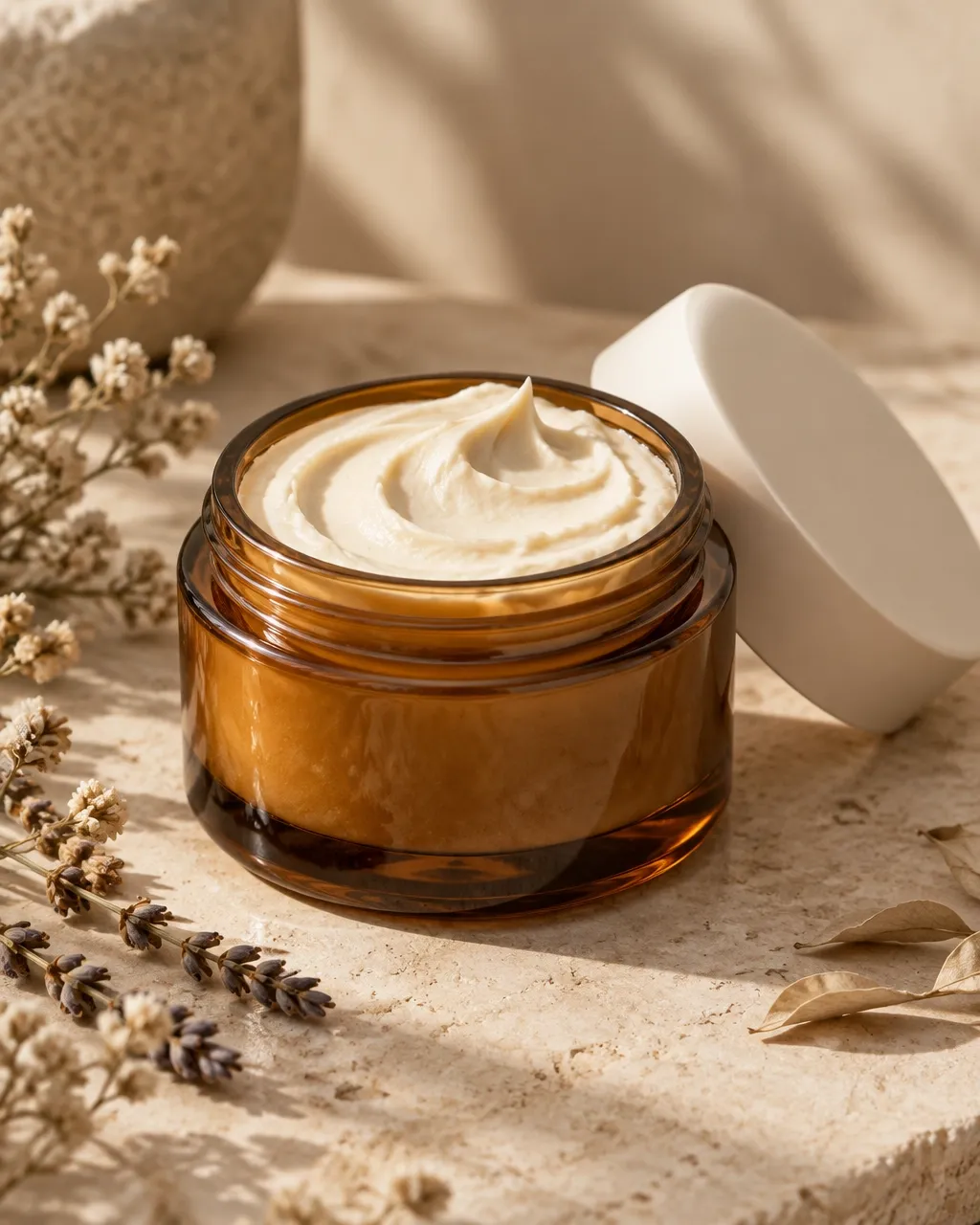 Amber jar of whipped body butter with a cream swirl on a warm stone surface