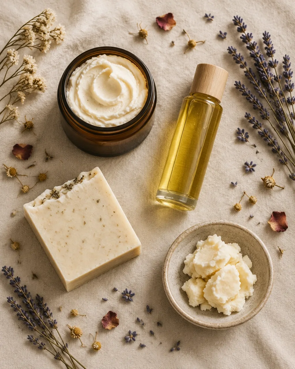 NACHE body butter, body oil, handcrafted soap, shea butter and botanicals arranged on cream linen