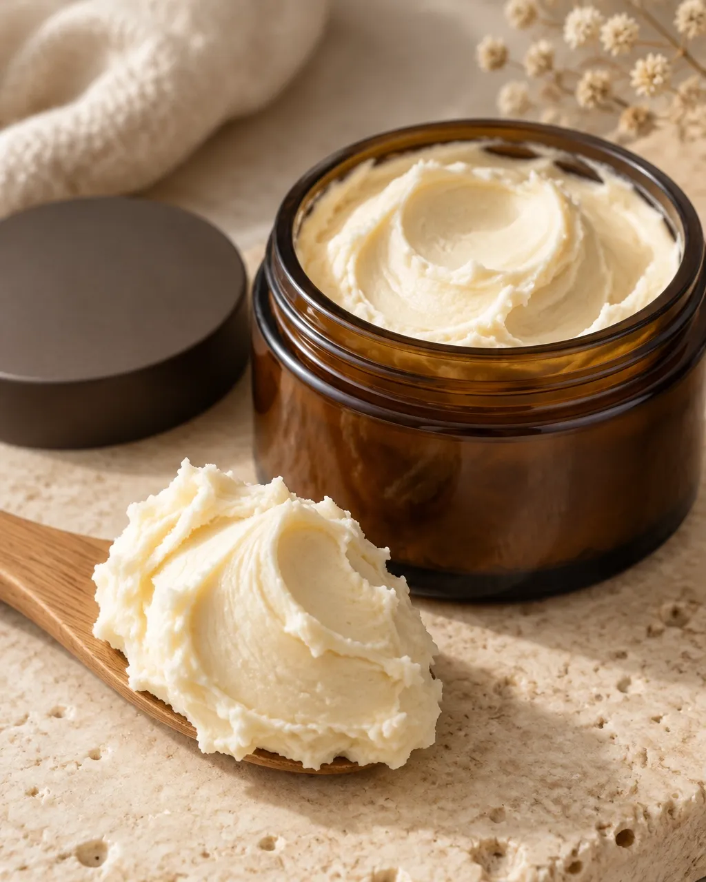 Amber body butter jar with a swirl of cream on a warm stone surface