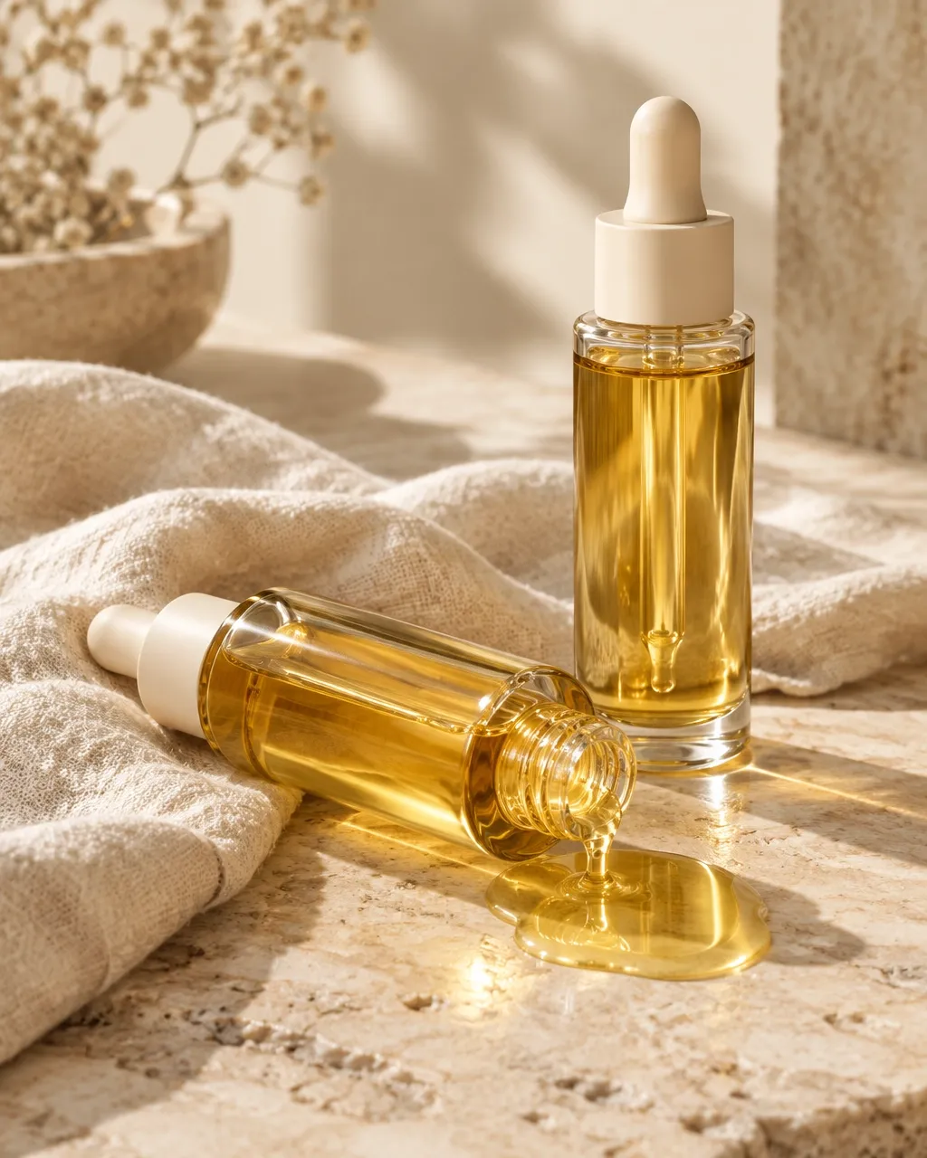 Two slim glass dropper bottles of golden body oil in warm natural light