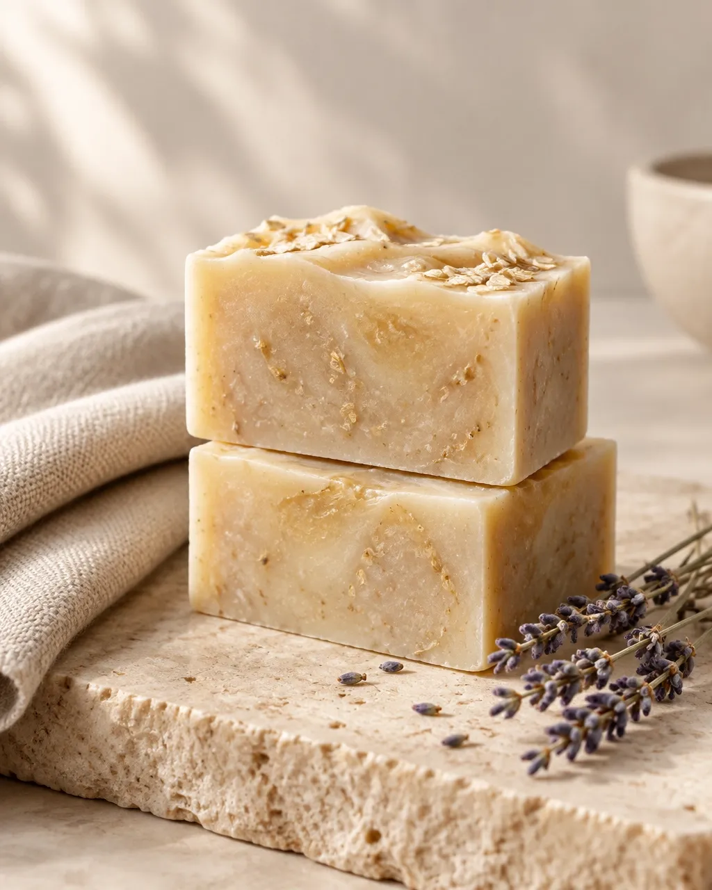 Stacked oat-and-honey coloured handcrafted soap bars with oats and dried lavender