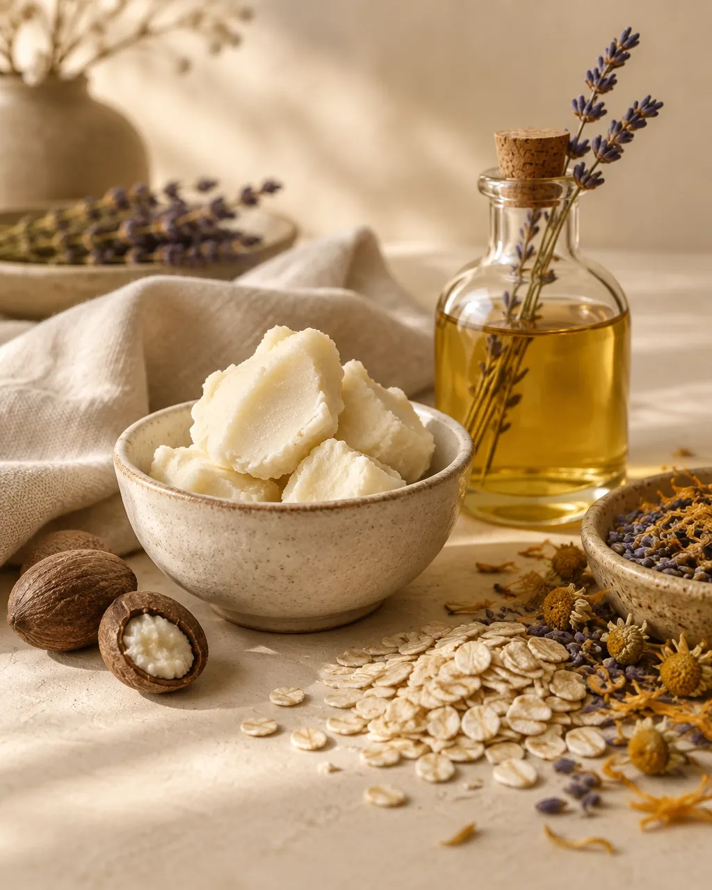 Raw shea butter in a ceramic bowl beside golden oil, oats and dried botanicals